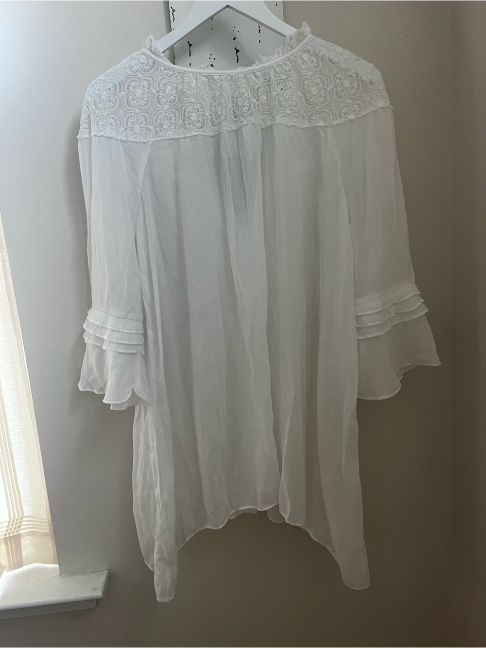 Free People sheer button-down features delicate lace trim and ruffle sleeves - Picture 9 of 11